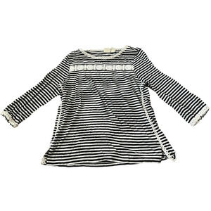 Chico's Shirt Women Medium Blouse Striped Crochet Trim 3/4 Sleeve Pullover Black